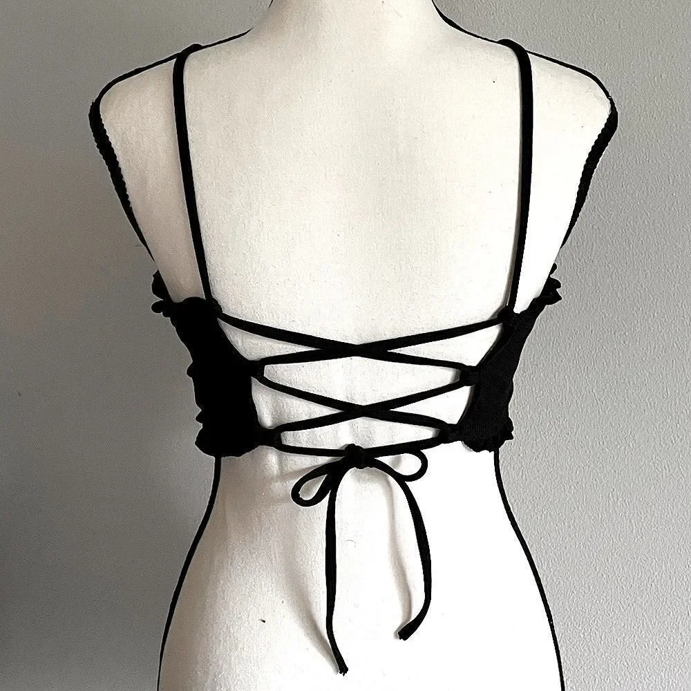 SHEIN, Black, High-Neck, Strappy Back-Tie, Ruffle-Detail Bikini Too. Medium.
